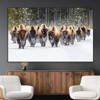 96906195-MGV-CV-36X24-Bison Herd Wall Art – American Buffalo Wildlife Photography Canvas Print, Winter Snow Scene Western Nature Decor for Living Room,
