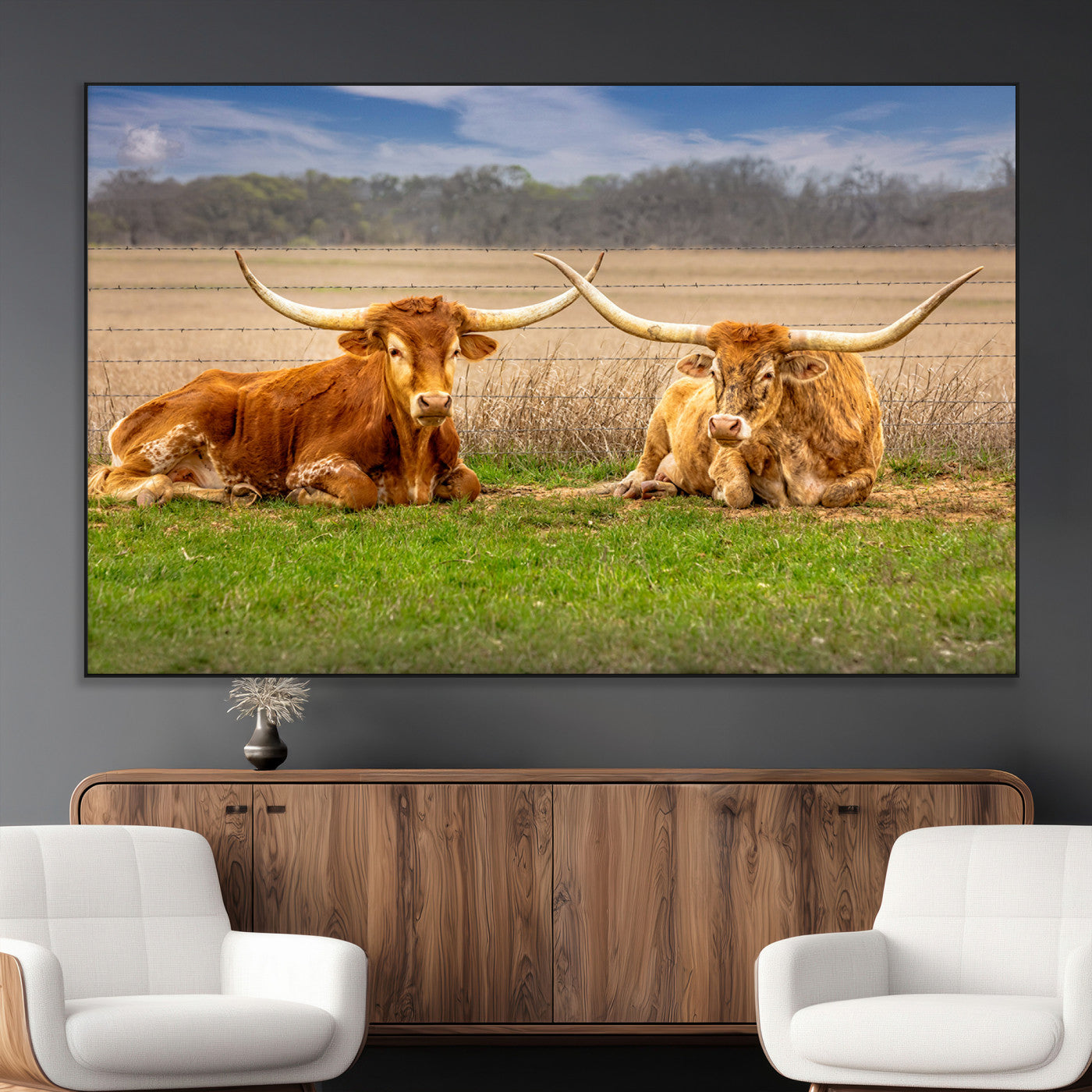 54598515-MGV-CV-36X24-Texas Longhorns Wall Art – Rustic Cattle Ranch Canvas Print, Western Farmhouse Animal Photography Decor for Living Room, Office,