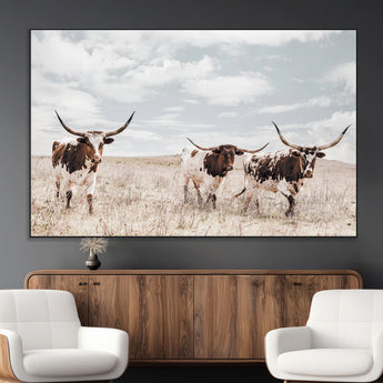 65621083-MGV-CV-36X24-Texas Longhorn Wall Art – Rustic Western Cattle Canvas Print, Southwestern Ranch Photography Decor for Living Room, Office,