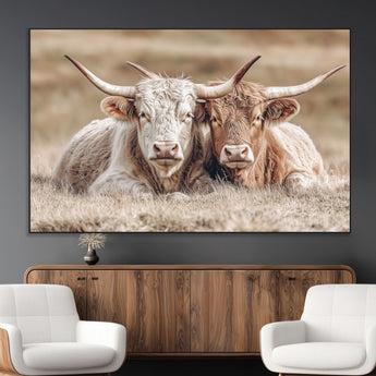 38651722-MGV-CV-36X24-Cow Wall Art – Rustic Longhorn Pair Canvas Print, Western Farmhouse Animal Painting, Country Ranch Decor for Living Room, Bedroom,
