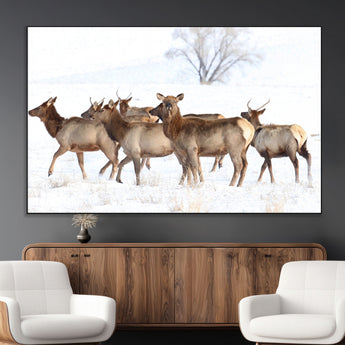 41416314-MGV-CV-36X24-Elk Wall Art – Wildlife Herd Canvas Print in Snowy Landscape, Rustic Nature Painting, Western Cabin Lodge Decor for Living Room,