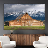 15173627-MGV-CV-36X24-Barn Wall Art – Rustic Wooden Cabin Canvas Print with Snowy Mountain Landscape, Western Farmhouse Country Decor for Living Room,
