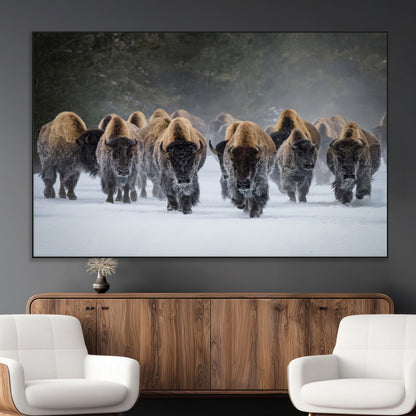 30332489-MGV-CV-36X24-Winter Bison Herd Wall Art – Powerful Buffalo Canvas Print, Rustic Wildlife Photography Decor for Farmhouse, Cabin, Lodge, Living