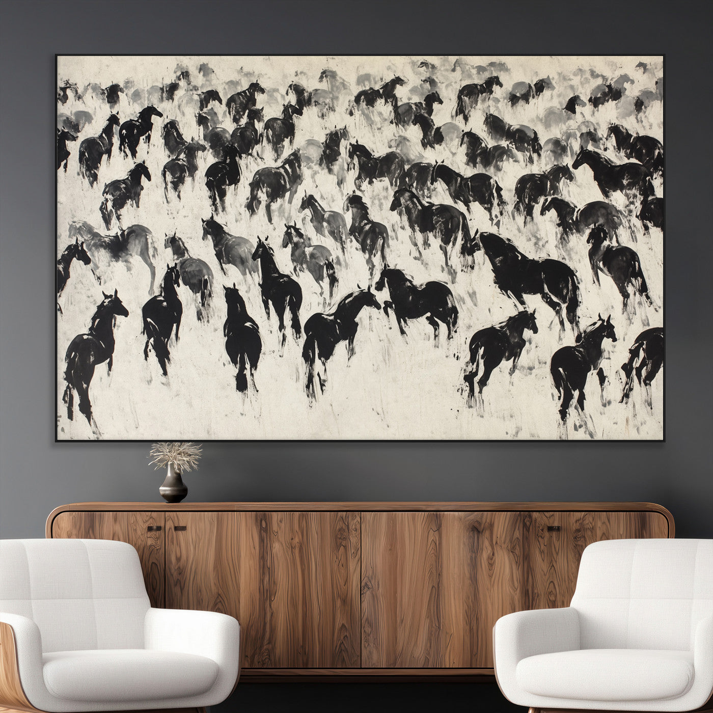 29265745-MGV-CV-36X24-Wild Horse Herd Wall Art – Black and White Galloping Horses Canvas Print, Rustic Western Farmhouse Décor for Living Room, Bedroom,