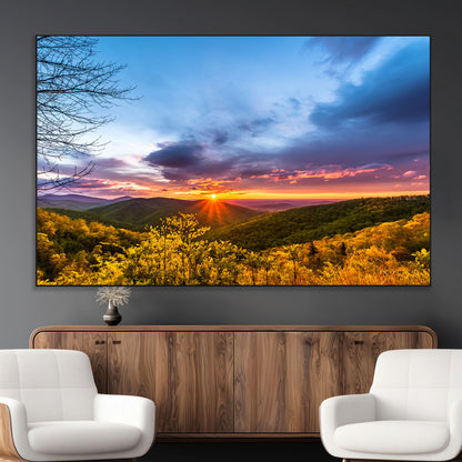 25786346-MGV-CV-36X24-Sunset Over Mountains Wall Art – Nature Landscape Canvas Print, Golden Hour Forest Photography, Scenic Sunrise Artwork for Living