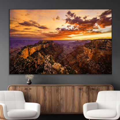 75573843-MGV-CV-36X24-Grand Canyon Sunset Wall Art – Panoramic Canyon Landscape Canvas Print, Dramatic Desert Cliffs Artwork, Nature Inspired Scenic