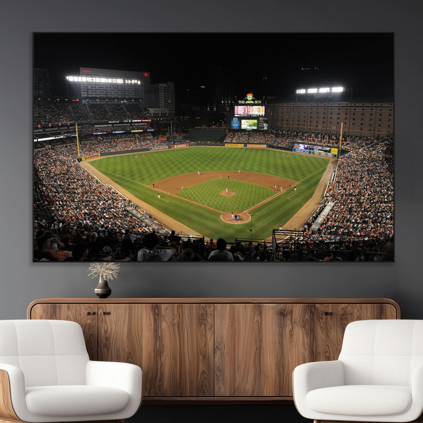 26445161-MGV-CV-36X24-Baseball Stadium at Night – Panoramic Ballpark Canvas Wall Art, Sports Decor for Man Cave, Office, Game Room, Sports Bar, Baseball