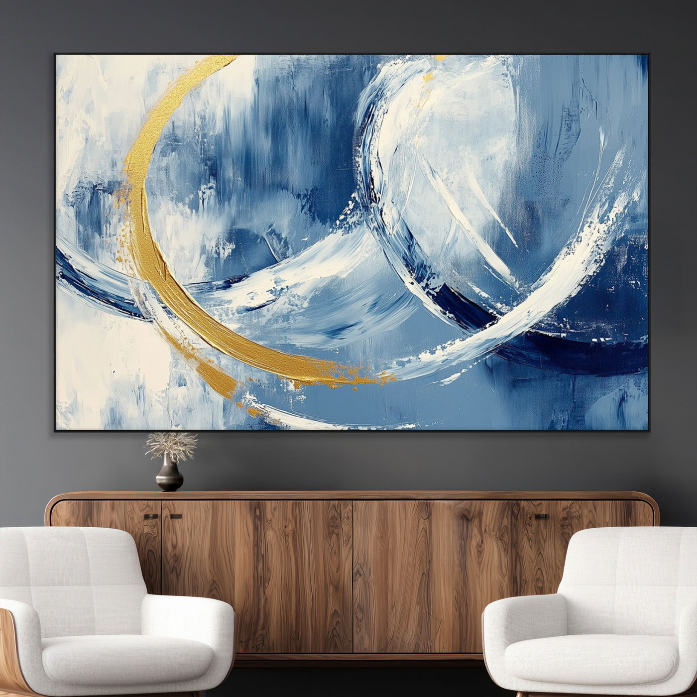 42475677-MGV-CV-36X24-Blue and Gold Abstract Wall Art – Modern Luxury Canvas Print, Navy White Brushstroke Painting, Contemporary Home Office Living