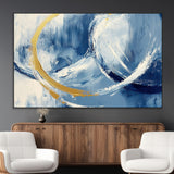 42475677-MGV-CV-36X24-Blue and Gold Abstract Wall Art – Modern Luxury Canvas Print, Navy White Brushstroke Painting, Contemporary Home Office Living