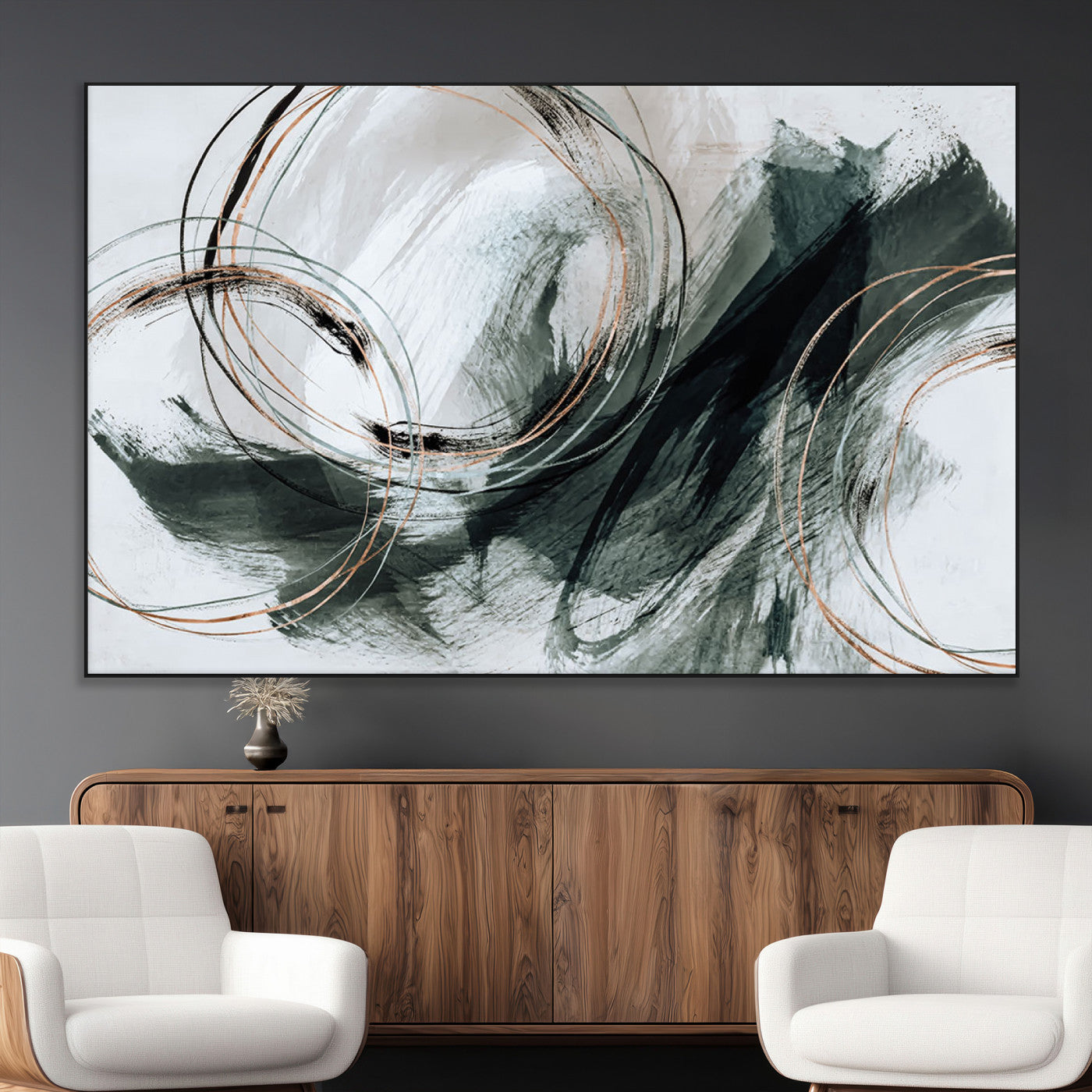 86583265-SEG-FC-90X60_Oversize_Oversize-Black and Gray Abstract Wall Art – Modern Copper Circle Canvas Print, Contemporary Minimalist Painting for Living Room, Bedroom,
