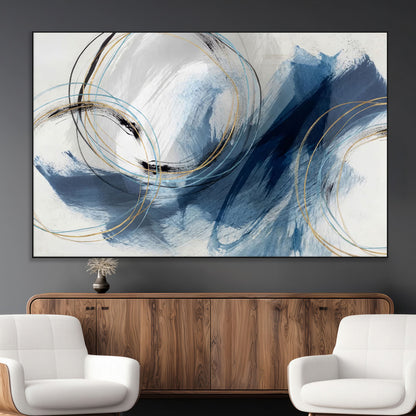49589477-MGV-CV-36X24-Blue Abstract Wall Art – Modern Circle Canvas Print with Gold and Black Accents, Contemporary Fluid Brushstroke Painting for