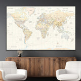 40660043-MGV-CV-36X24-World Map Wall Art – Large Detailed Atlas Style Map Print with Countries, Cities, and Oceans, Neutral Beige and Tan Educational