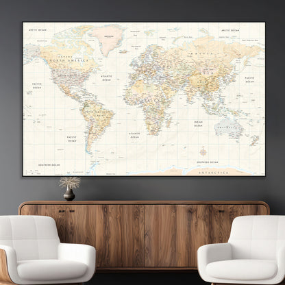 40660043-MGV-CV-36X24-World Map Wall Art – Large Detailed Atlas Style Map Print with Countries, Cities, and Oceans, Neutral Beige and Tan Educational