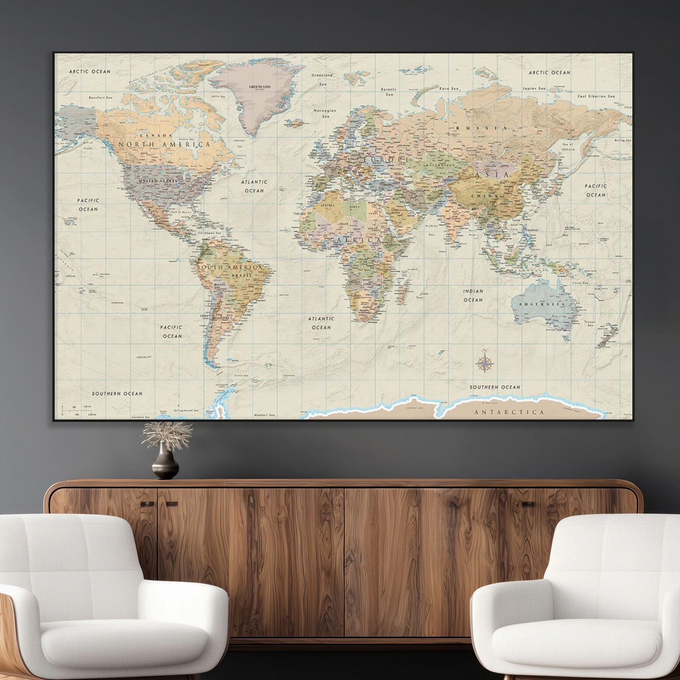 41929777-MGV-CV-36X24-World Map Wall Art – Large Detailed Political Atlas Style Map Print with Countries, Cities, and Oceans, Warm Earth Tone