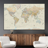 41929777-MGV-CV-36X24-World Map Wall Art – Large Detailed Political Atlas Style Map Print with Countries, Cities, and Oceans, Warm Earth Tone