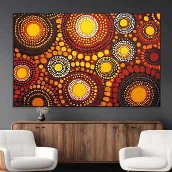 81120549-MGV-CV-36X24-Abstract Dot Painting Wall Art – Vibrant Tribal Boho Style Canvas Print with Sunburst Mandala Circles in Warm Red, Yellow, Orange
