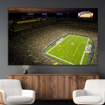 23655234-MGV-CV-36X24-Lambeau Field Stadium Wall Art – American Football Night Game Canvas Print with Packed Crowd and Lights – Sports Decor for Man