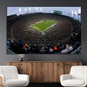 14387817-MGV-CV-36X24-Lambeau Field Stadium Wall Art – Green Bay Packers Game Day Canvas Print with Fireworks and Crowd – NFL Football Fan Man Cave