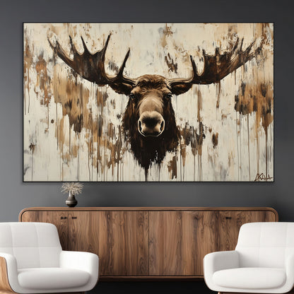 34496536-MGV-CV-36X24-Rustic Moose Wall Art – Modern Abstract Animal Canvas Print – Majestic Moose Head Painting with Neutral Earth Tones for Cabin,