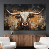 25265572-MGV-CV-36X24-Longhorn Bull Wall Art – Rustic Western Texas Steer Canvas Print, Textured Animal Painting for Home, Office, Man Cave or Farmhouse