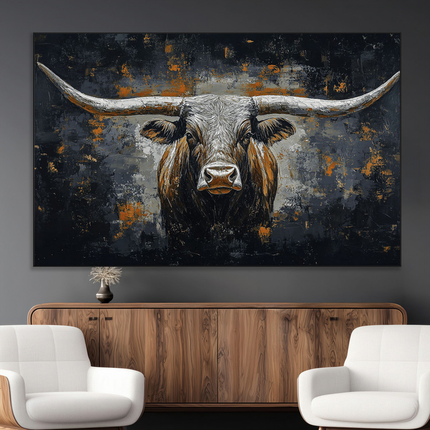 93195031-MGV-CV-36X24-Dark Longhorn Bull Wall Art – Western Steer Canvas Print, Moody Rustic Animal Painting for Man Cave, Ranch House, Office or Modern