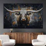 93195031-MGV-CV-36X24-Dark Longhorn Bull Wall Art – Western Steer Canvas Print, Moody Rustic Animal Painting for Man Cave, Ranch House, Office or Modern
