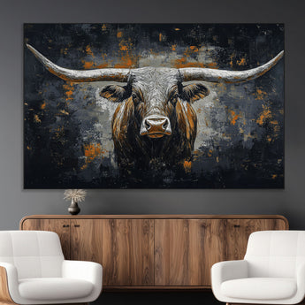93195031-MGV-CV-36X24-Dark Longhorn Bull Wall Art – Western Steer Canvas Print, Moody Rustic Animal Painting for Man Cave, Ranch House, Office or Modern