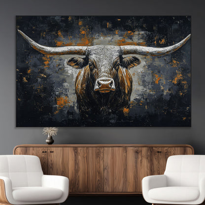93195031-MGV-CV-36X24-Dark Longhorn Bull Wall Art – Western Steer Canvas Print, Moody Rustic Animal Painting for Man Cave, Ranch House, Office or Modern