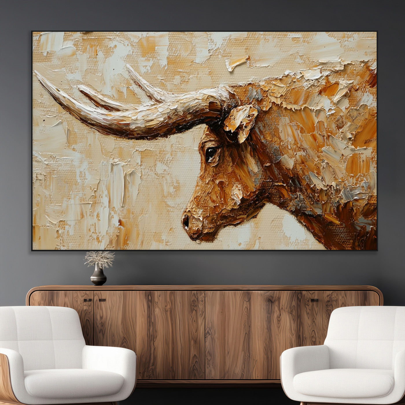 69611428-MGV-CV-36X24-Longhorn Bull Wall Art – Rustic Western Canvas Print, Textured Farmhouse Cattle Painting for Living Room, Office, or Ranch House