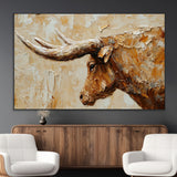 69611428-MGV-CV-36X24-Longhorn Bull Wall Art – Rustic Western Canvas Print, Textured Farmhouse Cattle Painting for Living Room, Office, or Ranch House
