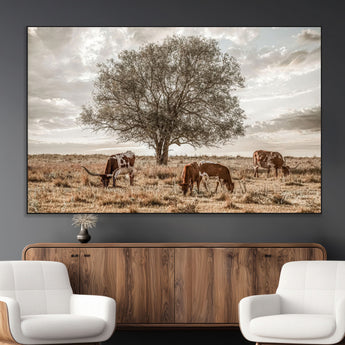 87590224-MGV-CV-36X24-Longhorn Cattle Wall Art – Rustic Western Landscape Canvas Print, Texas Farmhouse Prairie Scene for Living Room, Office, or Ranch