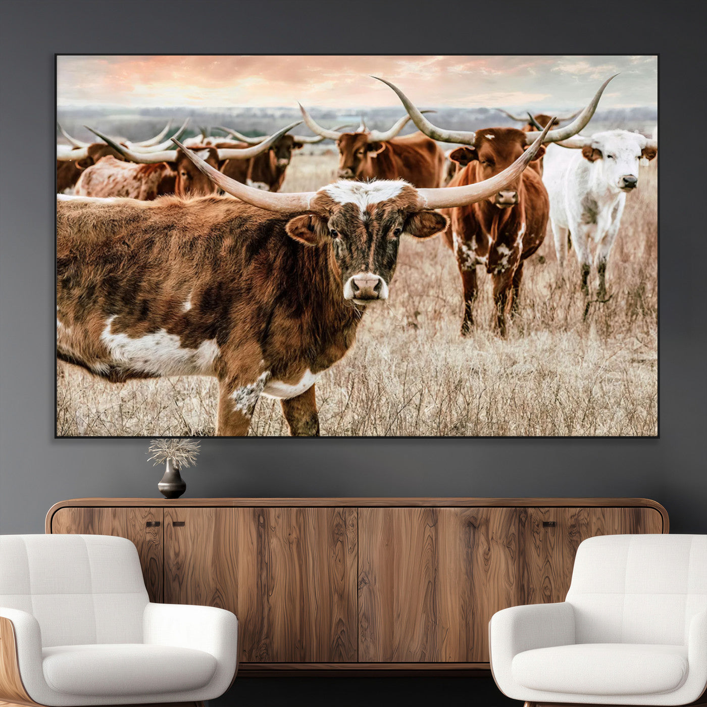 47758300-MGV-CV-36X24-Texas Longhorn Cattle Wall Art – Rustic Western Herd Canvas Print, Cowboy Ranch Farmhouse Decor for Living Room, Office, or