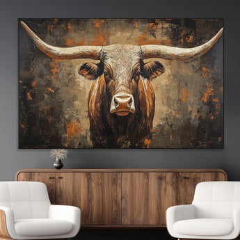 19204445-MGV-CV-36X24-Texas Longhorn Bull Wall Art – Rustic Western Canvas Print, Bold Cowboy Cattle Painting for Ranch House, Farmhouse, Office, or