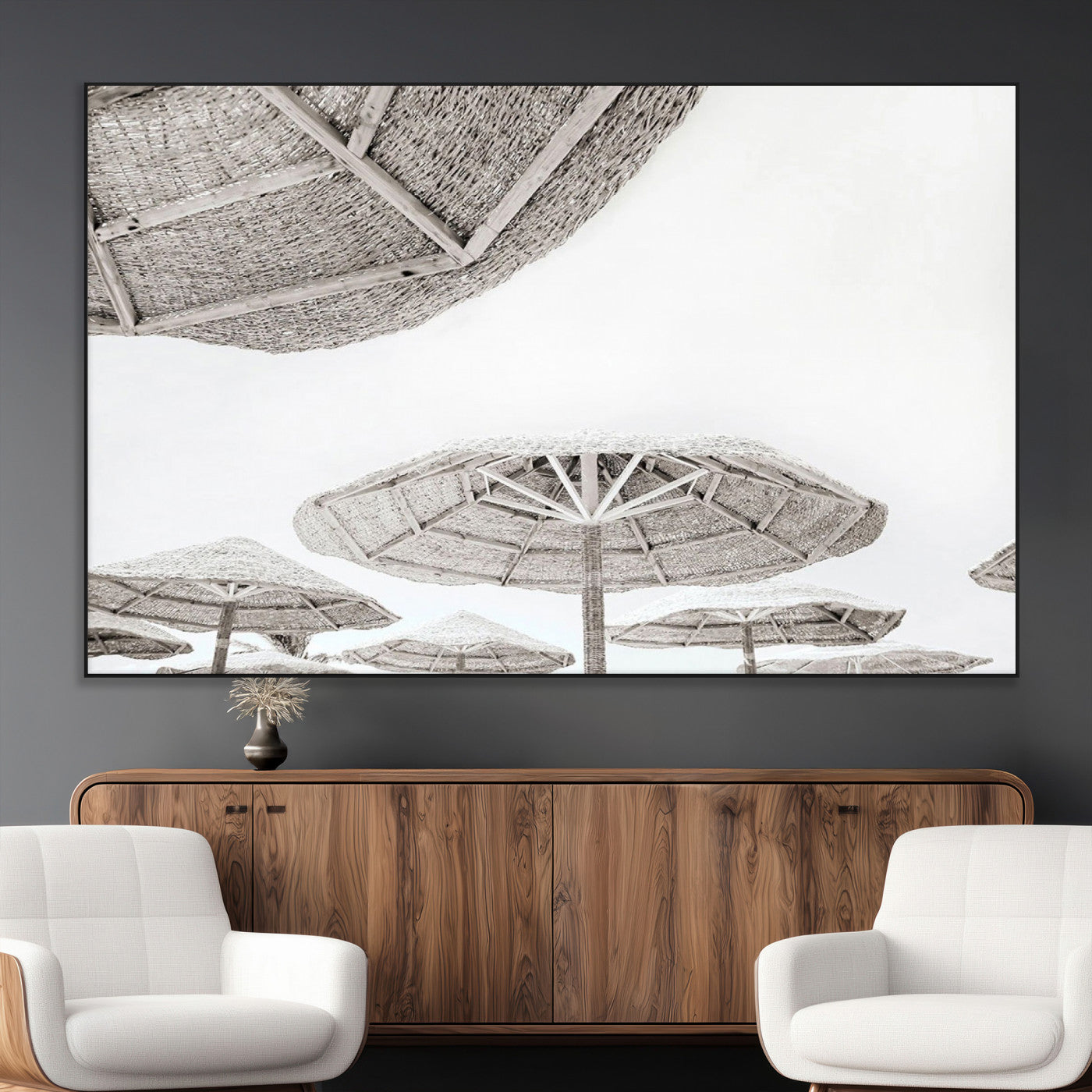 97043123-MGV-CV-36X24-Beach Umbrella Wall Art – Minimalist Coastal Canvas Print, Woven Parasol Summer Decor for Bedroom, Living Room, or Modern Beach