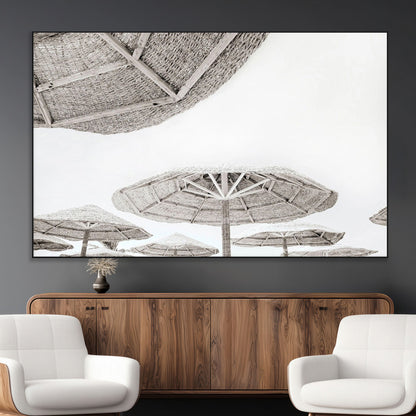 97043123-MGV-CV-36X24-Beach Umbrella Wall Art – Minimalist Coastal Canvas Print, Woven Parasol Summer Decor for Bedroom, Living Room, or Modern Beach