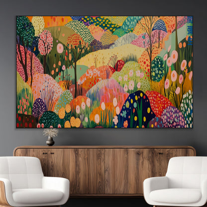 79636380-MGV-CV-36X24-Colorful Abstract Landscape Wall Art – Vibrant Hills and Flowers Canvas Print, Modern Whimsical Artwork for Living Room, Bedroom,