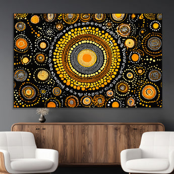 45478523-MGV-CV-36X24-Abstract Circle Wall Art – Bold Black and Gold Dot Painting Canvas Print, Modern Geometric Mandala Style Decor for Living Room or