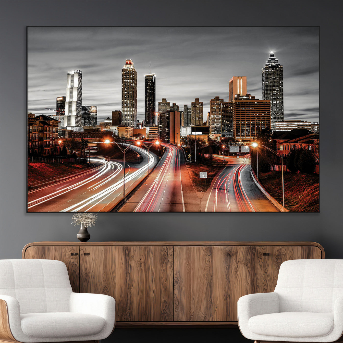 59097239-SEG-FC-51X34_Oversize_Oversize-City Skyline Wall Art – Modern Black and White Night Canvas Print with Red Light Trails, Urban Landscape Decor for Living Room or