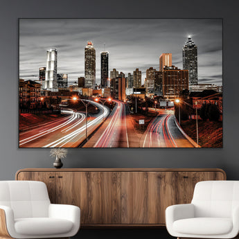 59097239-SEG-FC-51X34_Oversize_Oversize-City Skyline Wall Art – Modern Black and White Night Canvas Print with Red Light Trails, Urban Landscape Decor for Living Room or