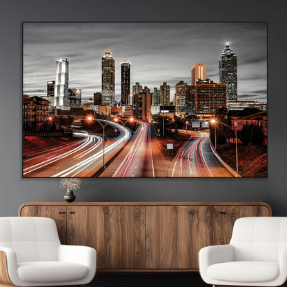 59097239-SEG-FC-51X34_Oversize_Oversize-City Skyline Wall Art – Modern Black and White Night Canvas Print with Red Light Trails, Urban Landscape Decor for Living Room or
