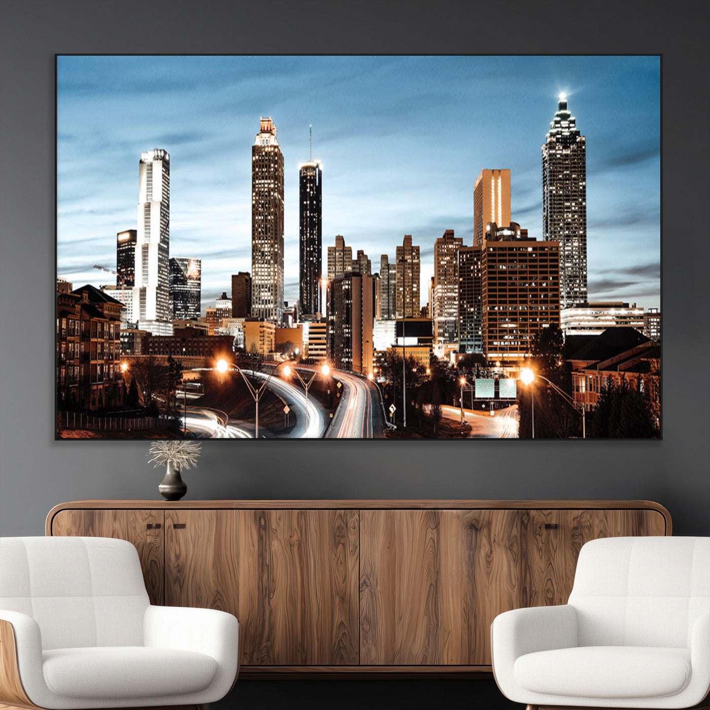 23859158-MGV-CV-36X24-Atlanta Skyline Wall Art – Modern Cityscape Canvas Print with Night Lights and Traffic Trails, Urban Decor for Office, Apartment,