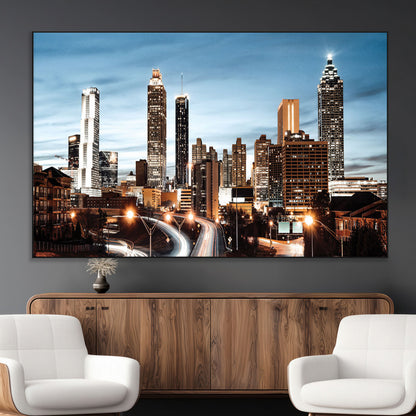 23859158-MGV-CV-36X24-Atlanta Skyline Wall Art – Modern Cityscape Canvas Print with Night Lights and Traffic Trails, Urban Decor for Office, Apartment,