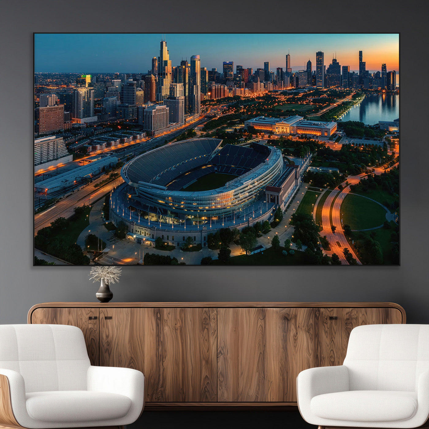 36690345-MGV-CV-36X24-Soldier Field Wall Art – Chicago Bears Stadium Aerial Night Canvas Print, City Skyline Football Decor for Living Room, Office, or