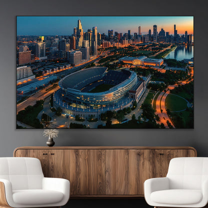 36690345-MGV-CV-36X24-Soldier Field Wall Art – Chicago Bears Stadium Aerial Night Canvas Print, City Skyline Football Decor for Living Room, Office, or