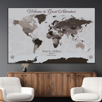 43749658-MGV-CV-36X24-Welcome to Great Adventure World Map Wall Art – Charcoal Gray Canvas Print, Rustic Travel Decor for Living Room, Study, Office or