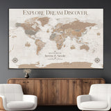 63516865-MGV-CV-36X24-Explore Dream Discover World Map Wall Art – Inspirational Travel Adventure Canvas Print, Neutral Parchment Style Explorer Decor
