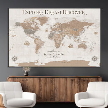 63516865-MGV-CV-36X24-Explore Dream Discover World Map Wall Art – Inspirational Travel Adventure Canvas Print, Neutral Parchment Style Explorer Decor