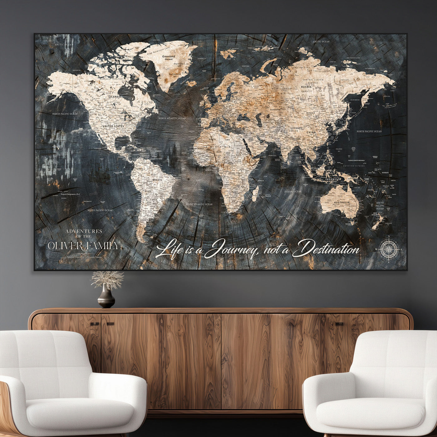37848568-MGV-CV-36X24-Life is a Journey Not a Destination World Map Rustic Wood Texture Vintage Beige Navy Adventure Wall Art Canvas Print for Home