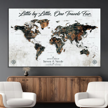 88337180-MGV-CV-36X24-Little by Little One Travels Far Tolkien Quote World Map Rustic Black Brown Adventure Wall Art Canvas Print for Home Office Living