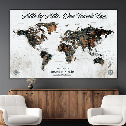 88337180-MGV-CV-36X24-Little by Little One Travels Far Tolkien Quote World Map Rustic Black Brown Adventure Wall Art Canvas Print for Home Office Living